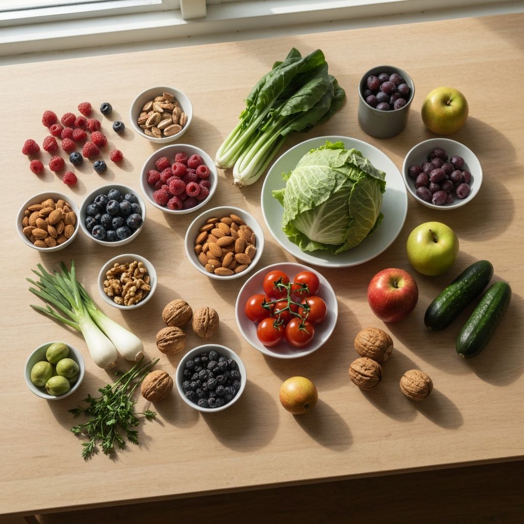 Fresh vegetables, fruits, nuts and herbs